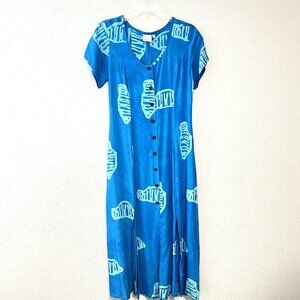 PINEAPPLE PASSION Maxi Dress Womens M Blue Button Up Hawaiian Beach Vacation